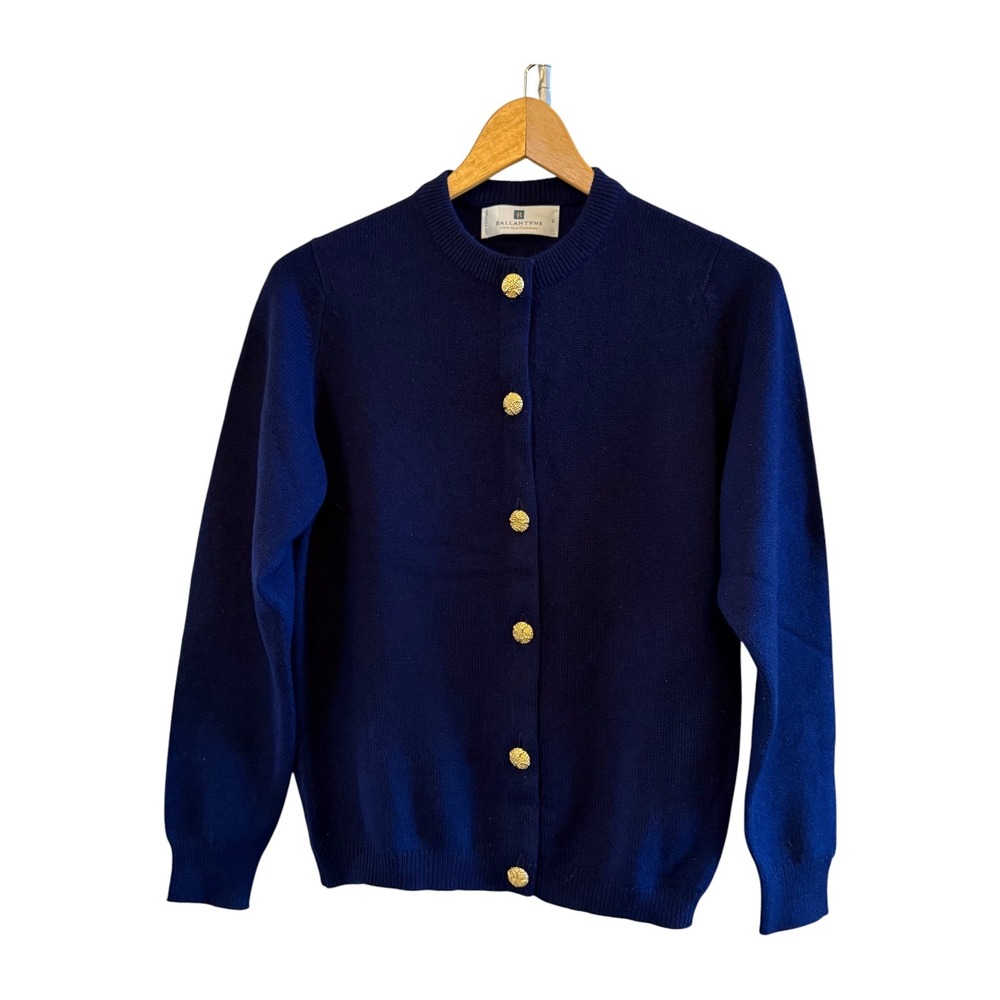 Ballantyne Womens Pure Cashmere Cardigan Navy Blue Gold Buttons Scotland 36 (S)